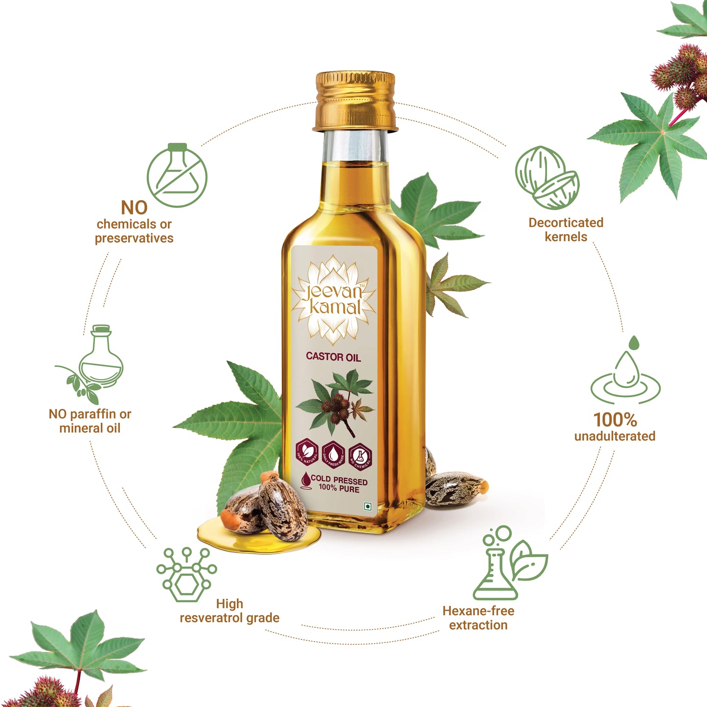 Jeevan Kamal 100% Pure Castor Oil (Cold Pressed) for Body, Skin and Hair